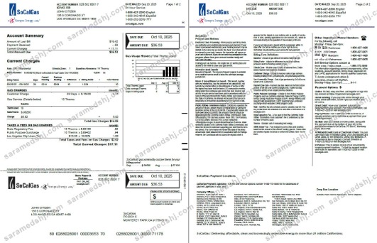 USA So Cal Gas utility bill template in Word and PDF formats, 2 pages, version 2
